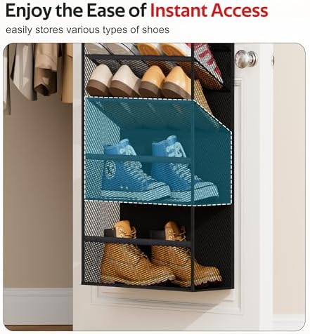 12 Tier Over the Door Shoe Organizer for Closet, Holds 24 Pairs Hanging Shoe Rack for Door with Mesh Pockets, Narrow Shoe Holder Hanger for Sneakers, Boots (Black) - Image 4