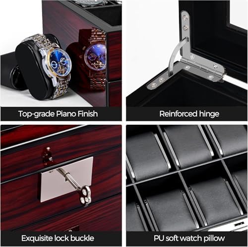 ANWBROAD Watch Box 20-Slot Wooden Watch Case Organizer with Large Glass Lid - Image 4