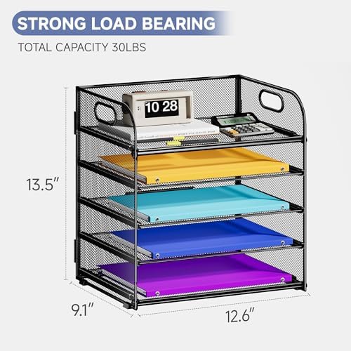 Cawukege 5 Tier Paper Organizer with Handle, Black Metal Mesh Desk Organizer File Folder Paper Letter Tray Desktop Document Sorter for Classroom, School, Office Accessories Organization and Storage - Image 6