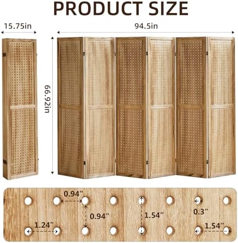6 Panel Pegboard Display with 24 Hooks, Pegboard Room Divider and Folding Privacy Screens, Partition Room dividers, Wooden Room Divider Wall, Jewelry Store, Bedroom, Balcony, Light Brown - Image 2