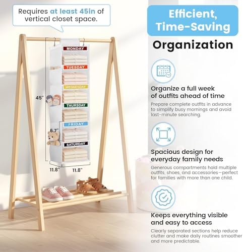 Weekly Clothes Organizer for Kids, 6-Shelf Kid Hanging Closet Organizer w/ 6 Side Pockets, Labeled Weekly Outfit Organizer for Kids, Days of The Week Clothes Organizer Monday Through Friday White - Image 2