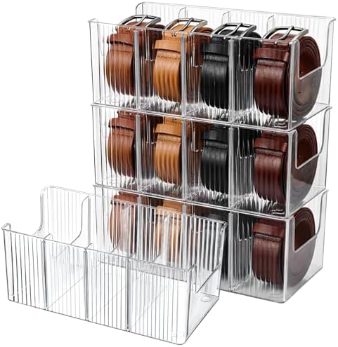 Junkin 4 Pcs Acrylic Belt Organizer with Adjustable 4 Compartments Clear Stackable Belt Holder for Men Leather Belts Storage Box for Closet Drawer Organization Multi-Purpose Display Bin with Inserts by Junkin