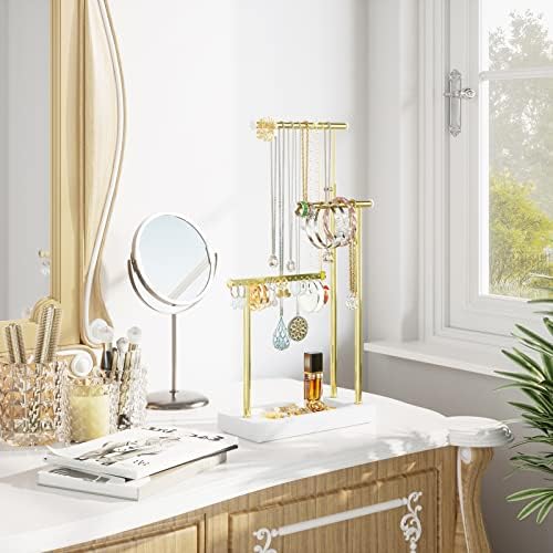 SRIWATANA Jewelry Organizer Display Extra Tall Necklace Holder 3 Tier Jewelry Tree Stand, Gift Idea (White & Gold) - Image 2