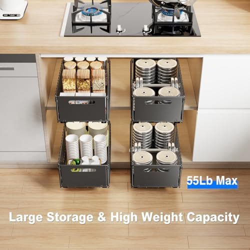 Mustorn 2 Pack Pull Out Cabinet Organizer, Slide Out Drawers for Cabinets, Peel and Stick, Heavy Duty Shelves for Kitchen, Cupboard, Pantry, Bathroom (14.76" D*9.65" W*7.87" H-Black) - Image 4
