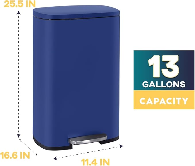 FDW | 13 Gallon Trash Can with Lid | Deep Blue | Fingerprint-Proof | Made of Brushed Stainless Steel | Soft-Close Step Pedal | Hands-Free Use | Easy to Clean | for Kitchen, Office, Bathroom