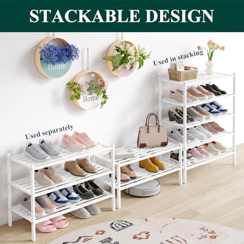 Smiry Bamboo Shoe Rack, 5 Horizontal Slats, 6 Tier - 26.8" Wide, White - Image 4