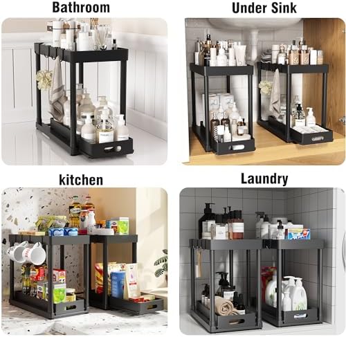 2PC Under Sink Organizer Rack 2 Tier Under Sliding Cabinet Basket Organizer Drawer with 4 Hooks, Multi-purpose Under Sink Storage for Bathroom Kitchen Desktop（Black） - Image 3