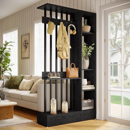 Tribesigns Wall Room Divider, Wood Freestanding Room Divider Bookcase with Shelves & Coat Hooks, 71" Modern Wall Partition for Home & Office Decorative, Black - Image 4