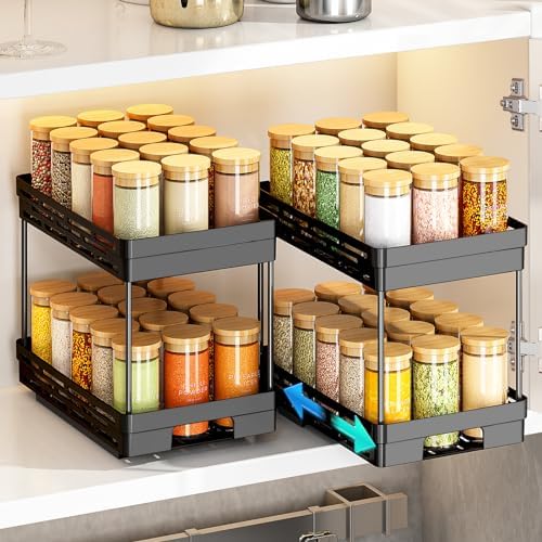 Pull Out Spice Rack Organizer for Cabinet, 2 Pack Widen Slide Out Spice Racks Organizer, Spice Cabinet Organizers, Cabinet Size Need:12'' Highx11'' Deepx6.75'' Wide,Hold 15 Spice Jar Each Tier-2Tier by DABIGE