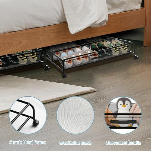 Under Bed Shoe Storage with Wheels, Space Saving Shoe Organizer with Sturdy Metal Frame & Breathable Mesh, Suitable Under the Bed, Sofa and Desk, 2 Packs - Image 5