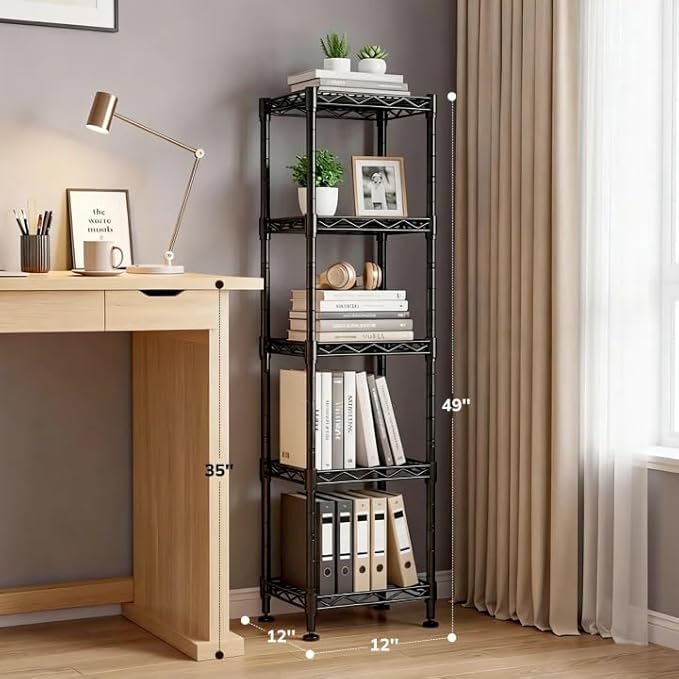 5 Tier Metal Shelving Unit Adjustable Storage Shelves:Wire Shelves Storage Rack Standing Bathroom Shelf and Narrow Small Shelf for Kitchen Pantry Closet Laundry Dorm Office 12''Wx12''Dx49''H Black
