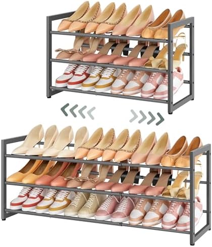 FAVOOSTY 3-Tier Expandable Shoe Rack, Adjustable Shoe Shelf Storage Organizer Space Saving Metal Free Standing Shoe Rack for Entryway Closet Doorway, Silver Grey by FAVOOSTY