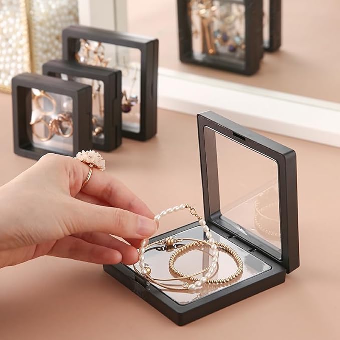 12PCS 3D Floating Frame Display Stand, Jewelry Box, Gift Box, Ornament Organizer, Small Travel Jewelry Box, PE Film Anti-Oxidation, Suspended Display Box Stackable (Black, 3.54 * 3.54)