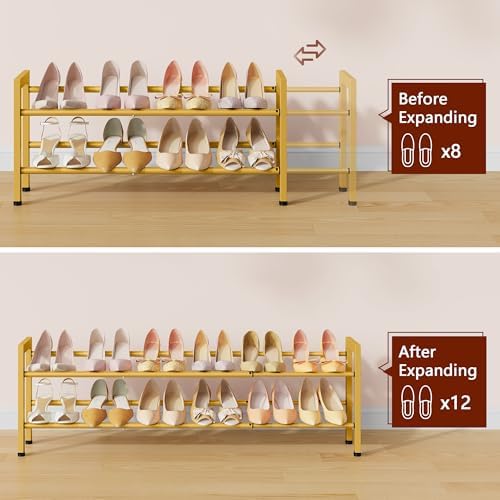 FAVOOSTY 2-Tier Expandable Shoe Rack, Adjustable Shoe Shelf Storage Organizer Space Saving Metal Free Standing Shoe Rack for Entryway Closet Doorway, Gold - Image 4