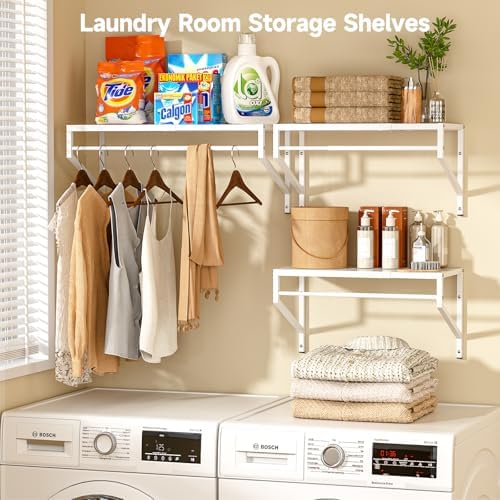 ThreeHio Expandable Closet Shelves Wall Mounted, 3 Pack Closet Shelving with Hanging Rods, Wall Shelving for Walk-in Closet, Hanging Shelves Organizer and Storage for Closet, Laundry - Image 6