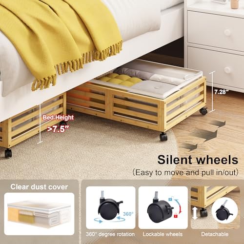 Under Bed Storage with Wheels-Large Bamboo Underbed storage Containers with Large Dust Bag Stackable Under the Bed Shoe Storage Bins for Clothes Books Bedding (2 Packs Nature, 23.62"L×16.54"W× 6.51"H) - Image 4