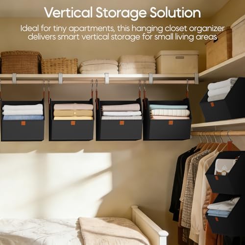 Homsorout Collapsible Hanging Closet Organizer - 3 Tier Closet Shelves Storage System with Hooks, Fabric Hanging Storage Bins for Clothes, Foldable Storage Basket for Laundry, Bedroom, Rv, Black - Image 2