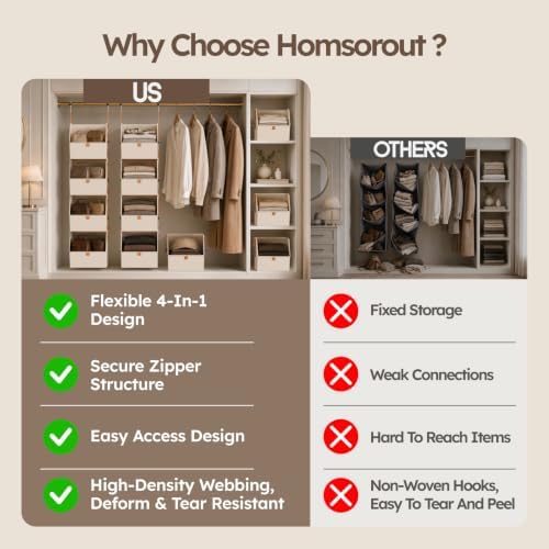 Homsorout Collapsible Hanging Closet Organizer - 3 Tier Closet Shelves Storage System with Hooks, Fabric Hanging Storage Bins for Clothes, Foldable Storage Basket for Laundry, Bedroom, Rv, Beige - Image 3