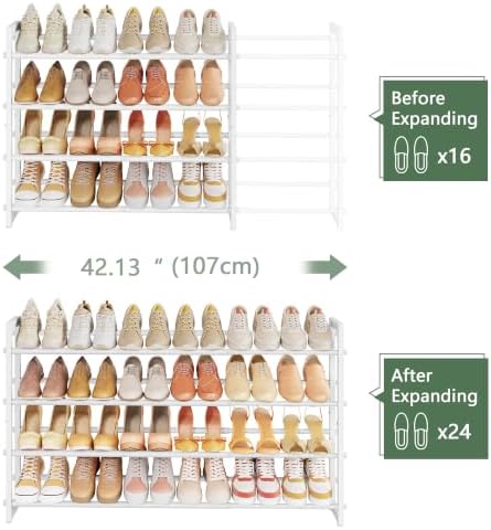 FAVOOSTY 4-Tier Expandable Shoe Rack, Adjustable Shoe Shelf Storage Organizer Space Saving Metal Free Standing Shoe Rack for Entryway Closet Doorway, White - Image 5