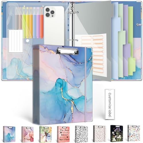 1 Inch 3 Ring Binder Organizer with Clipboard, 5-Tab Pockets Dividers, Clear Folder, 18 Divider Stikers, BVSSX Decorative Three Ring Binder with Pen Loop, Elastic Strap (Blue Marble,Letter Size) by BVSSX