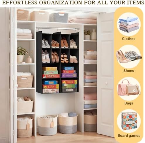 4 Tier Hanging Closet Organizer, 12 Compartments Dual Row Storage, Black - Image 6