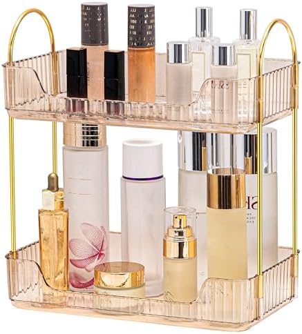 Akinbas 2 Tier Bathroom Organizer Countertop Makeup Perfume Tray Skincare Organizer for Bathroom Dresser Vanity (Gold) by AKINBAS