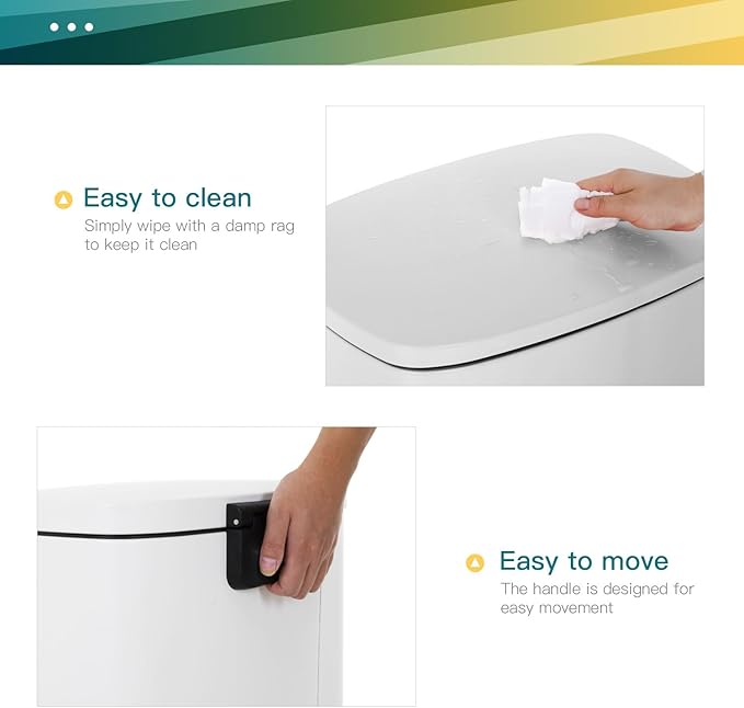 FDW | 13 Gallon Trash Can with Lid | White | Fingerprint-Proof | Made of Brushed Stainless Steel | Soft-Close Step Pedal | Hands-Free Use | Easy to Clean | for Kitchen, Office, Bathroom