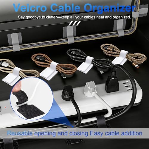 80 PCS Hook and Loop Cable Ties, Self Adhesive Cable Management Straps, Reusable Cord and Wire Organizer Clips for Under Desk, Computer, TV, Gaming Setup, Home Office and Kitchen, Gray - Image 2
