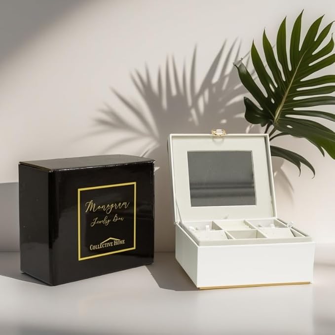 COLLECTIVE HOME - Monogram Jewelry Box with Mirror, Custom Gold Letter Engraving, Elegant Jewelry Organizer with Removable Tray, Ideal Gift for Mother’s Day, Girlfriend, Birthday (g)