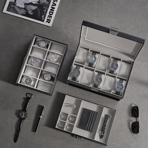 ProCase 3-Layer Watch Box with Glass Lid for Men, 20-Slot, Black - Image 4