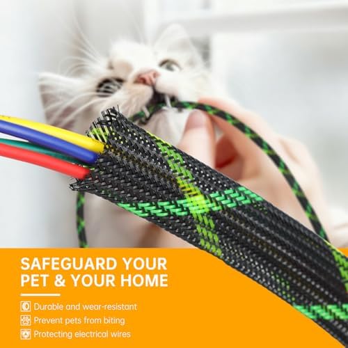 Braided Cable Sleeve, 33ft Expandable Wire Loom for Automotive Wiring Harness & PC Case, Pet-Proof Chew Resistant Cord Protector, Flexible Cable Management (Black-UV Green-UV Yellow, 25mm (1")) - Image 5