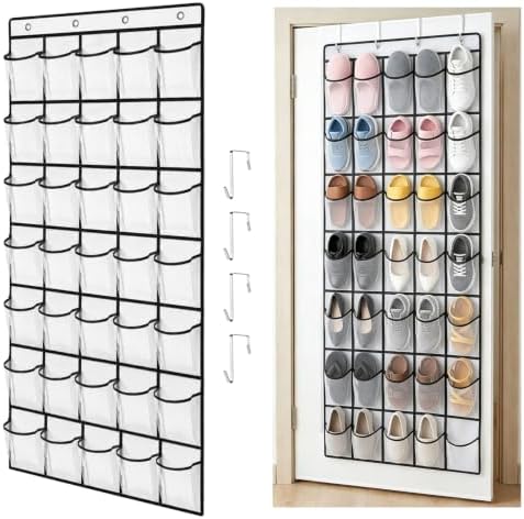 35 Pockets Over The Door Shoe Organizer, Large Breathable Mesh Hanging Shoe Rack with 4 Metal Hooks, Space Saving White Over Door Shoe Storage Holder Mesh Bag for Closet Entryway Bedroom Pantry by AnMTGDCT
