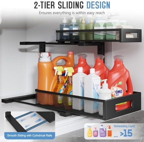 1 Pack 17IN Depth Under Sink Storage Organizer, Large 2-Tier Elegant Mesh Pull Out Shelf for Kitchen and Bathroom Cabinet Organization, L-Shaped and Adjustable Height Design-Black - Image 4