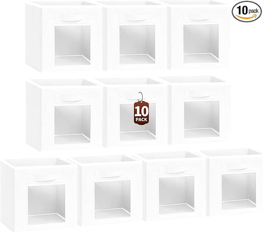 Homsorout Storage Cube 11 Inch - Cube Storage Bins with Window, Closet Storage Baskets with Handle, Fabric Bins for Closet, Shelves, Toys, Clothes, Set of 10, White
