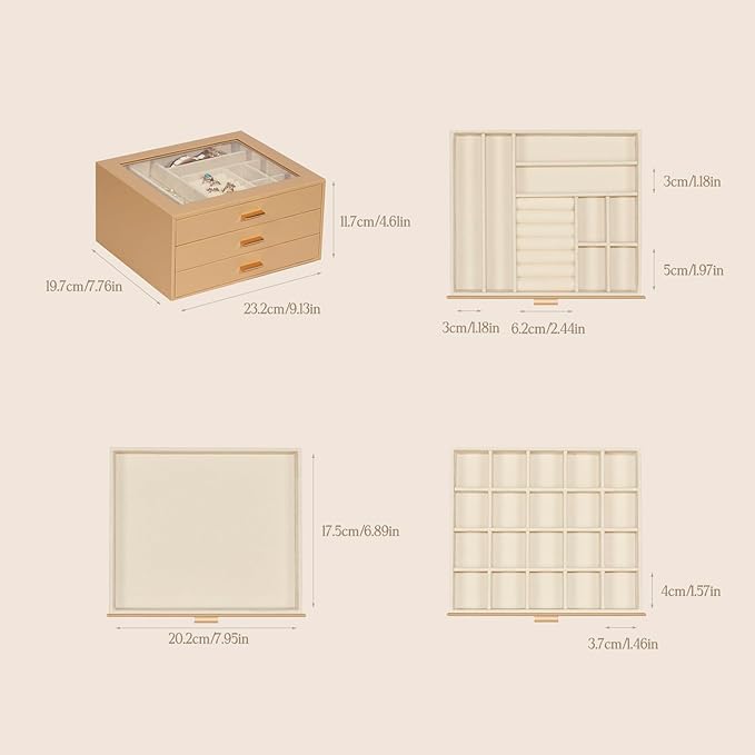 Jewelry Box with Glass Lid, 3-Layer Jewelry Organizer for Women Girls, PU Leather Display Case with 20-Grid Earring Tray & Movable Dividers for Necklaces Rings,Camel