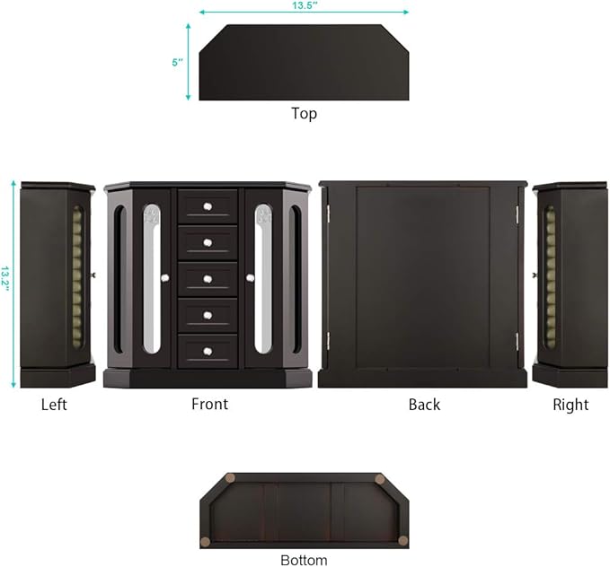 RR ROUND RICH DESIGN Jewelry Box - Made of Solid Wood with Cabinet Type 5 Drawers Organizer and 2 Separated Open Doors on 2 Sides and Large Mirror Black