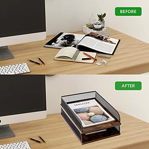 Set of 2 Vintage Wood & Metal Letter Tray，Desk Organizers Paper Tray，Office File Organizer(Black) - Image 4
