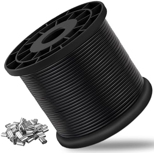 Vinyl Coated Wire Rope 304 Stainless Steel Coated Wire Cable-Black, 1/16" OD to 3/32" x700FT, with 250 Pcs Crimping Sleeves-Cable for String Lights, Suitable for Clotheslines by TeakFoldingShowerSeatWall