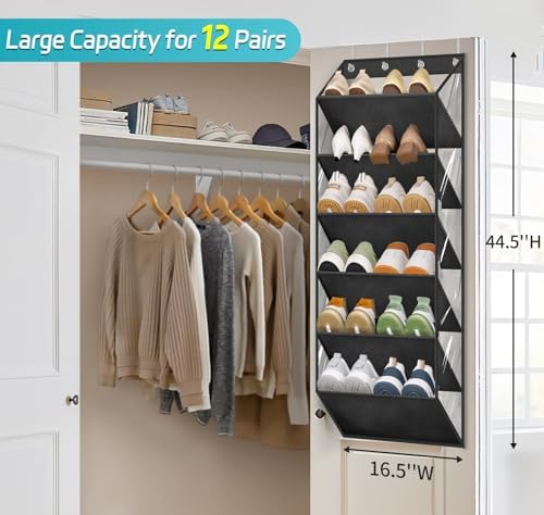AOODA Clear Over The Door Shoe Organizer Storage Holds 12 Pairs, Narrow Door Hanging Shoe Rack for Closet, Deep Pockets Shoe Holder Hanger for Sneakers, Boots (Black) - Image 2