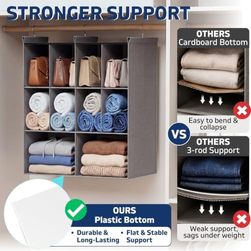 3 Tier Hanging Closet Organizer, 10 Compartments Dual Row Storage, Grey - Image 4