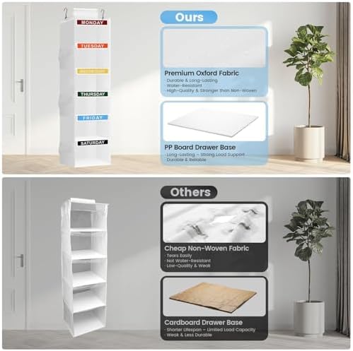 Weekly Clothes Organizer for Kids, 6-Shelf Kid Hanging Closet Organizer w/ 6 Side Pockets, Labeled Weekly Outfit Organizer for Kids, Days of The Week Clothes Organizer Monday Through Friday White - Image 5