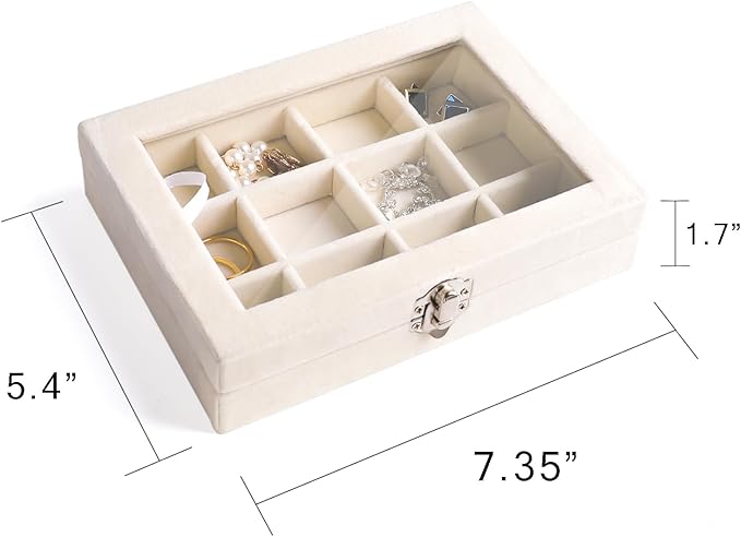 Frebeauty Jewelry Organizer Tray with Clear Lid - 12 Grid Velvet Drawer Insert Storage Box - Transparent Lid Display Case - Gift for Women (Beige, 12 Grid)