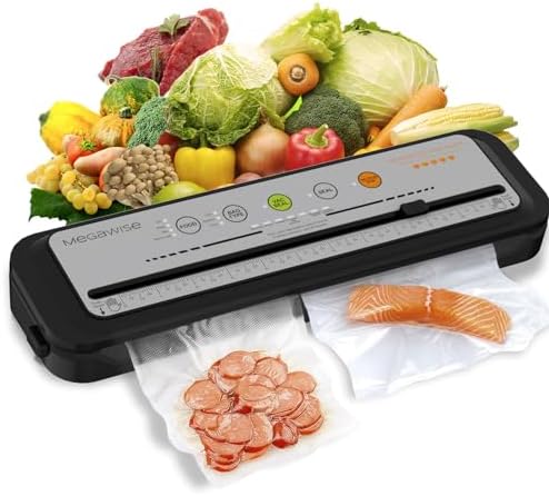 Updated Vacuum Sealer Machine 2025, MEGAWISE Food Sealer w/Starter Kit, Dry & Moist Food Modes, Compact Design with 10 Vacuum Bags & Built-in Cutter (Grey) by MEGAWISE