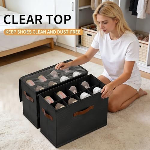 EE-RoomWorld 2 Pack rolling shoe rack on wheels,No Assemble Required shoe organizer for closet with wheels，Adjustable Dividers Fits 16 Pairs,boot Storage Bins with Reinforced Handle - Image 4