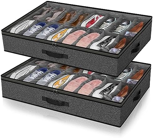Under Bed Shoe Storage Organizer for Closet, 24 Pairs Sturdy Underbed Shoe Storage Boxes Bins Container Foldable Shoes Storage with Reinforced Handles & Clear Window for College Dorms Grey, Set of 2 by Besslly