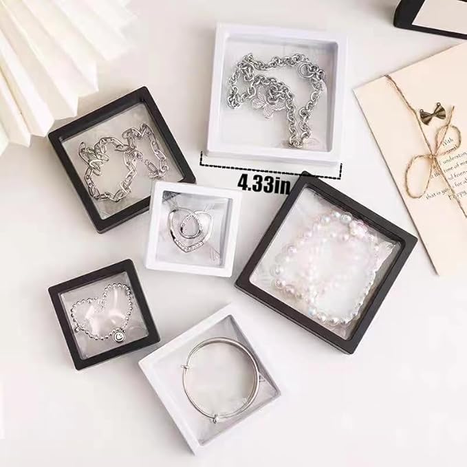 12PCS 3D Floating Frame Display Stand, Jewelry Box, Gift Box, Ornament Organizer, Small Travel Jewelry Box, PE Film Anti-Oxidation, Suspended Display Box Stackable (White, 4.33 * 4.33)