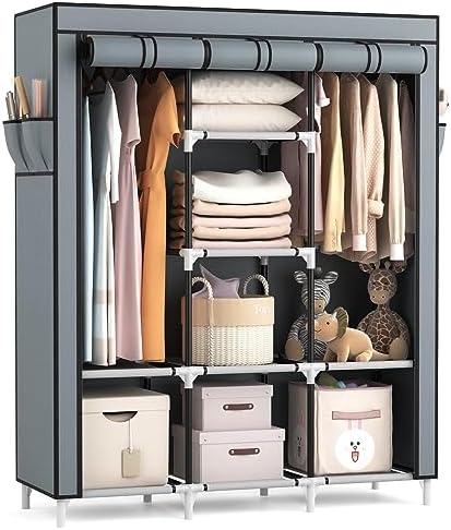 VTRIN Portable Closet Wardrobe for Hanging Clothes with 2 Hanging Rods and 8 Storage Organizer Shelves,Sturdy Large Wardrobe Closet for Bedroom Free Standing Clothes Rack with Cover,Grey by VTRIN