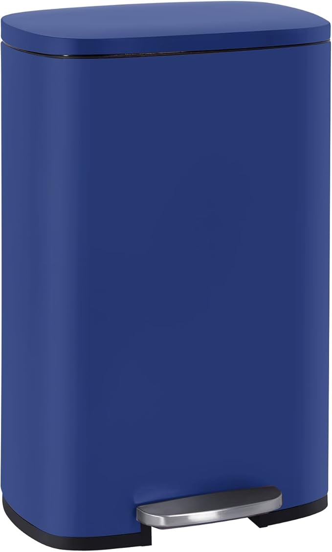 FDW | 13 Gallon Trash Can with Lid | Deep Blue | Fingerprint-Proof | Made of Brushed Stainless Steel | Soft-Close Step Pedal | Hands-Free Use | Easy to Clean | for Kitchen, Office, Bathroom