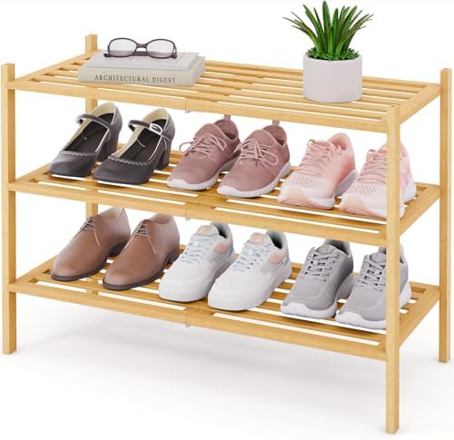 Smiry Bamboo Shoe Rack, 5 Horizontal Slats, 3 Tier - 26.8" Wide, Natural by Smiry