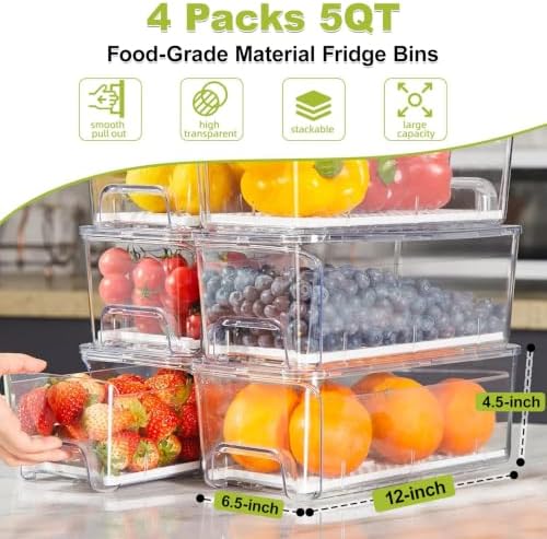 4-Pack Refrigerator Drawer Organizer Bins, Clear Stackable Pull Out Fridge Organizers and Storage Container, with Strainer Layer for Fruits, Vegetables, Drinks, Snack and Food - Image 2